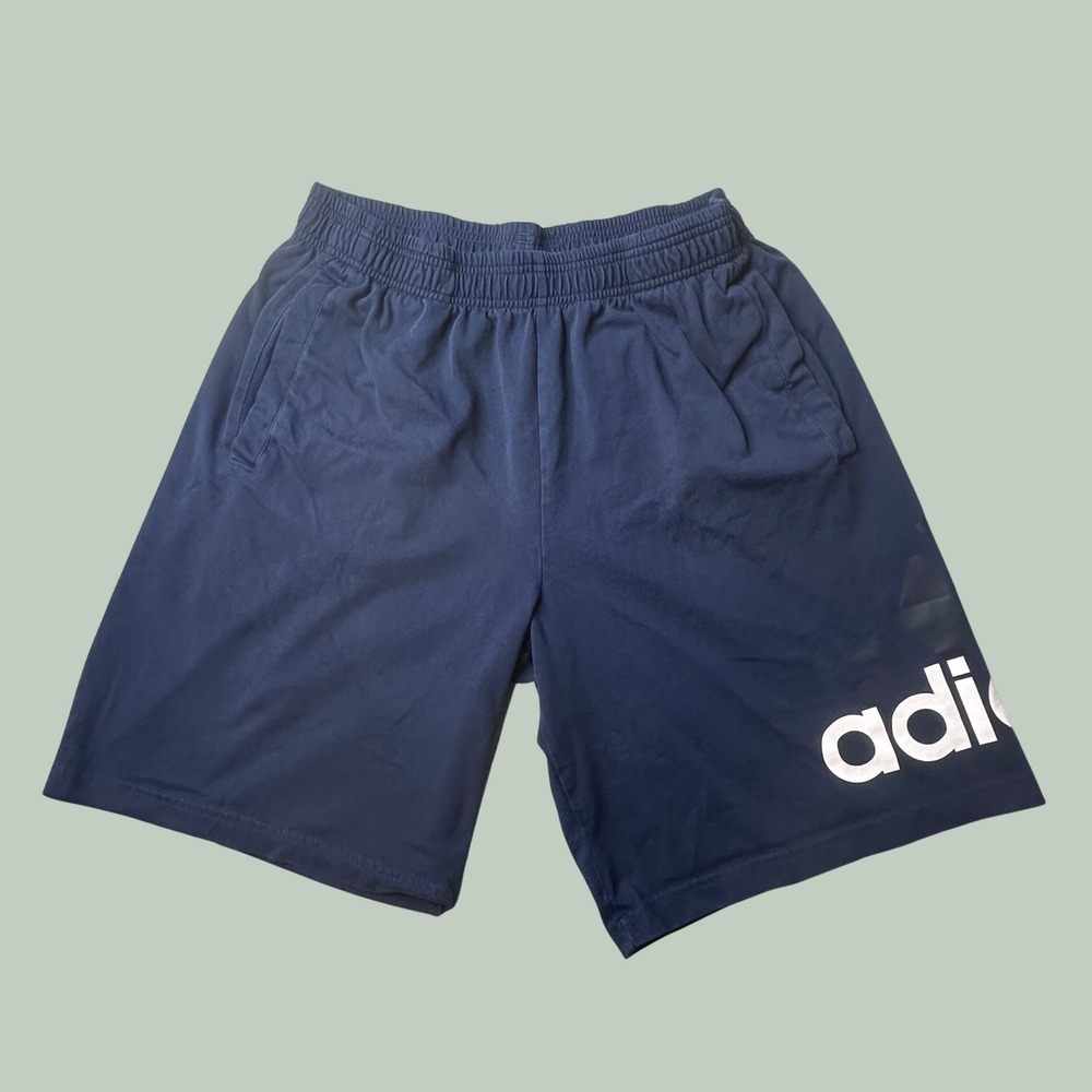 Adidas Shorts Mens M Navy Blue Graphic Logo Athletic Cotton Blend BR1448 Gym